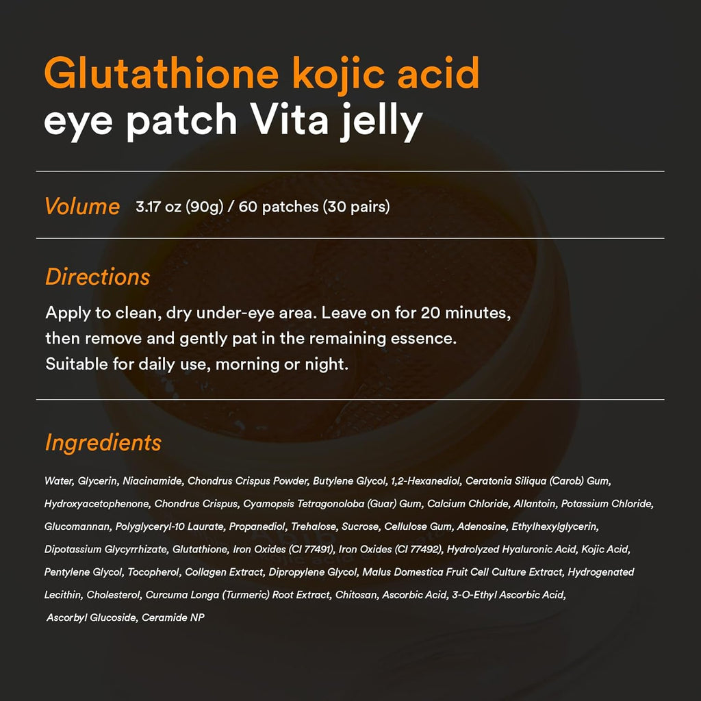 Glutathione Kojic Acid Eye Patches for Radiance Dark Circles & Dark Spots, with Tone-Up Jelly, 60 Count, Korean Skin Care