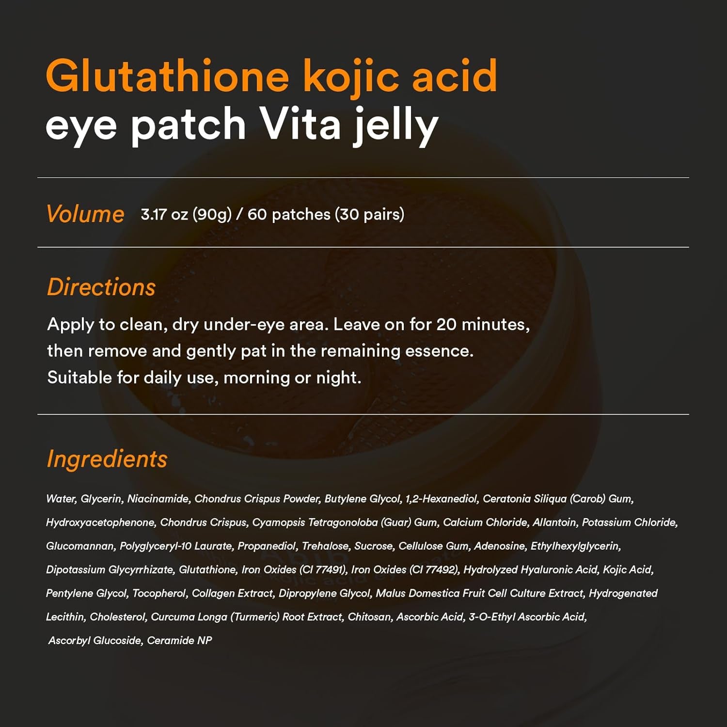 Glutathione Kojic Acid Eye Patches for Radiance Dark Circles & Dark Spots, with Tone-Up Jelly, 60 Count, Korean Skin Care