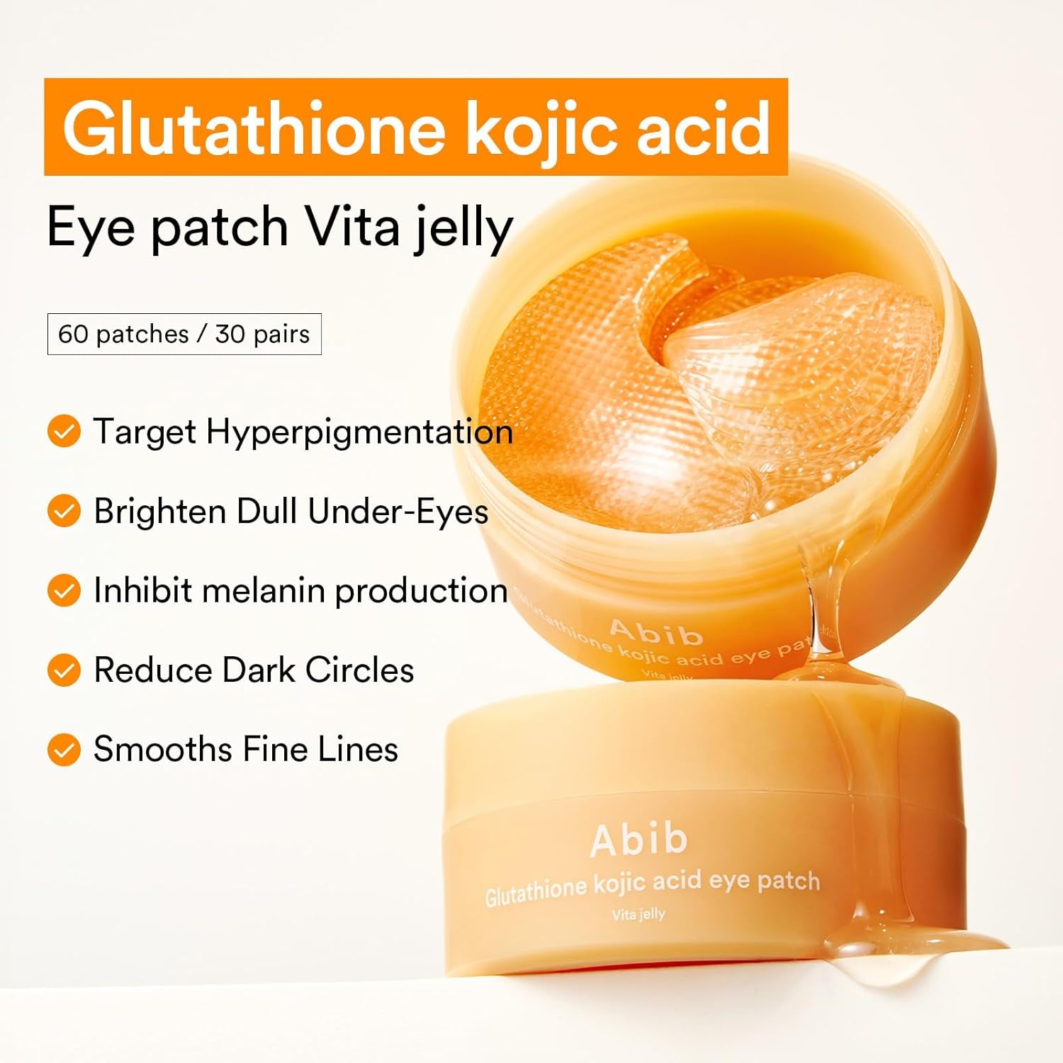 Glutathione Kojic Acid Eye Patches for Radiance Dark Circles & Dark Spots, with Tone-Up Jelly, 60 Count, Korean Skin Care